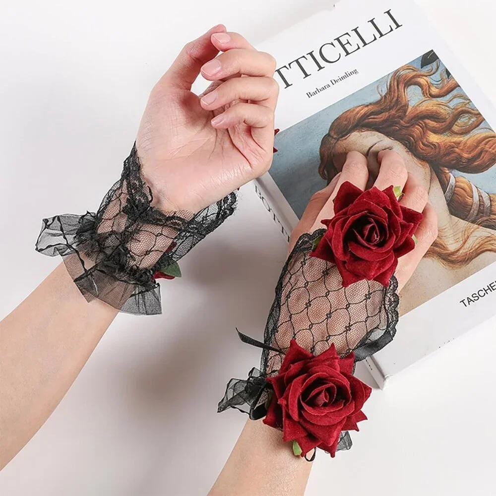 Women's Black Flower Rose Lace Hand Sleeve Gloves Wedding Halloween Accessories